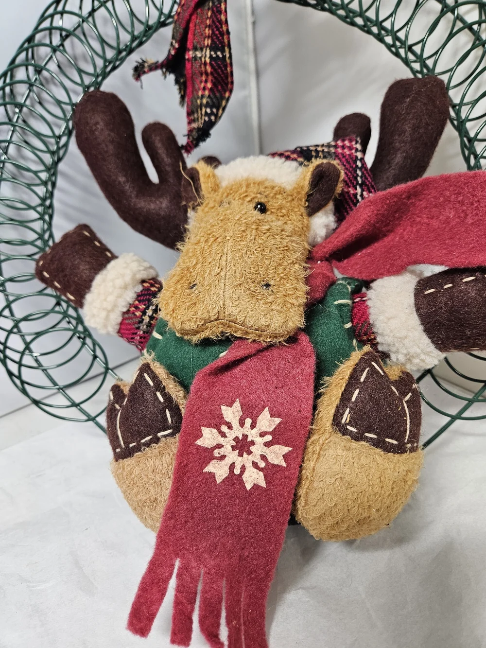 Festive Plush Reindeer Moose Design Christmas Holiday  Door Wreath